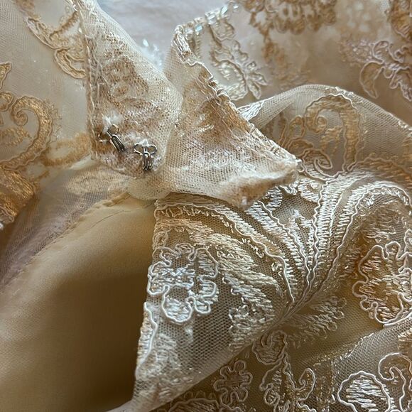 Wedding Dress Champagne Beige Boat Neck 3/4 Sleeve Corset Tie Back Midi - Picture 13 of 14